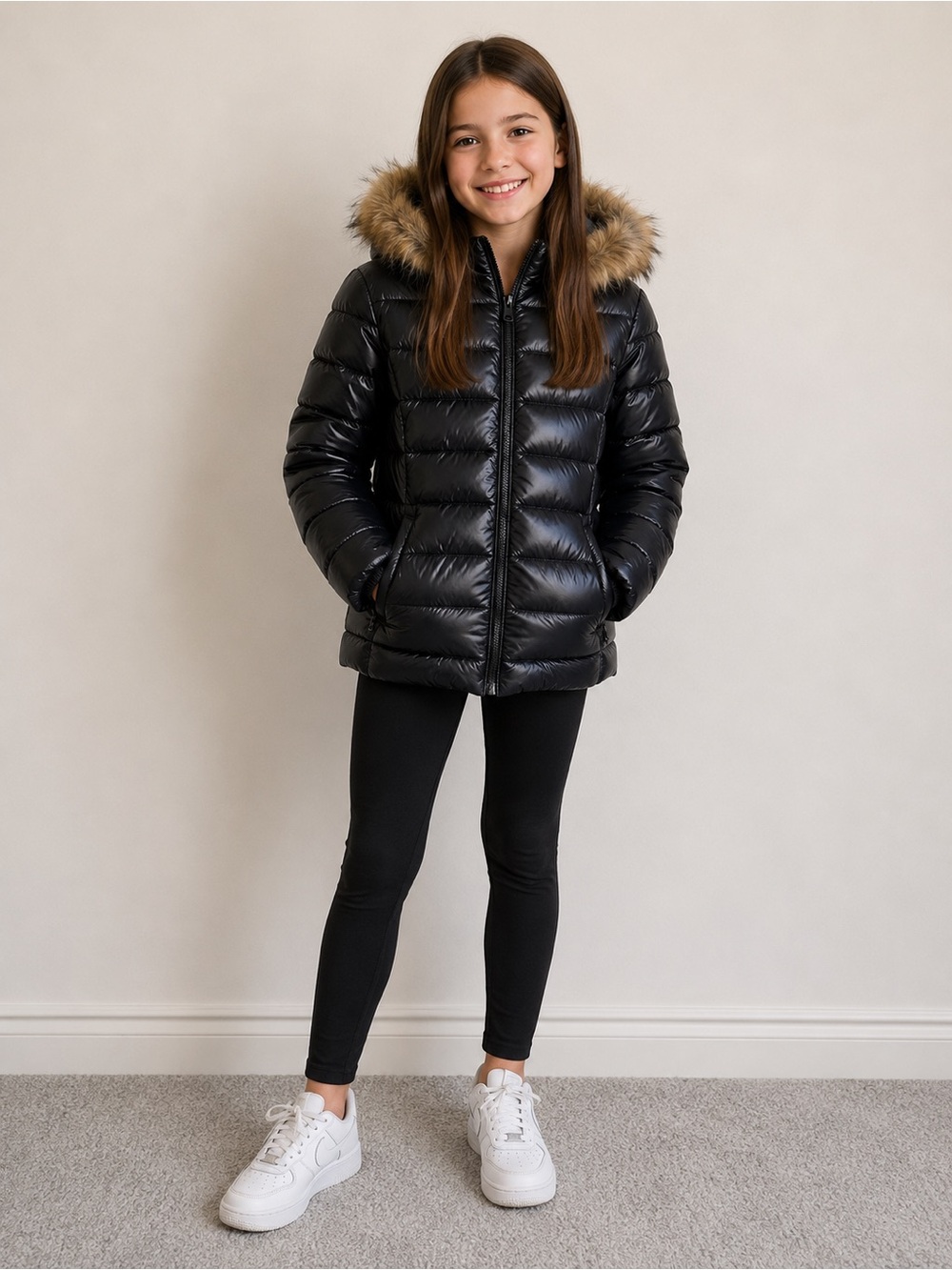Kids Black Faux Fur Hooded Puffer Jacket